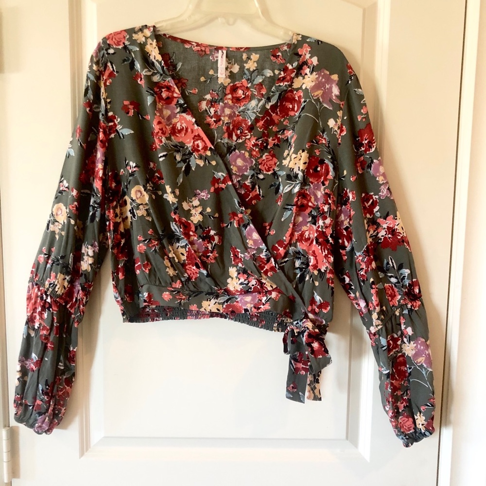 Xhilaration Olive Floral Wrap Top | Long Sleeve Cropped Blouse | Size Large NWOT